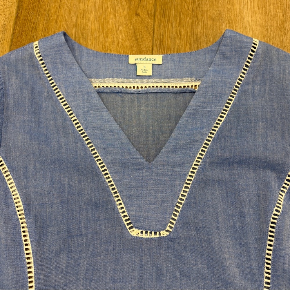🌟SUNDANCE🌟 EMBROIDERED BELL SLEEVE BOHO V NECK BLOUSE BLUE SZ S - Picture 2 of 7